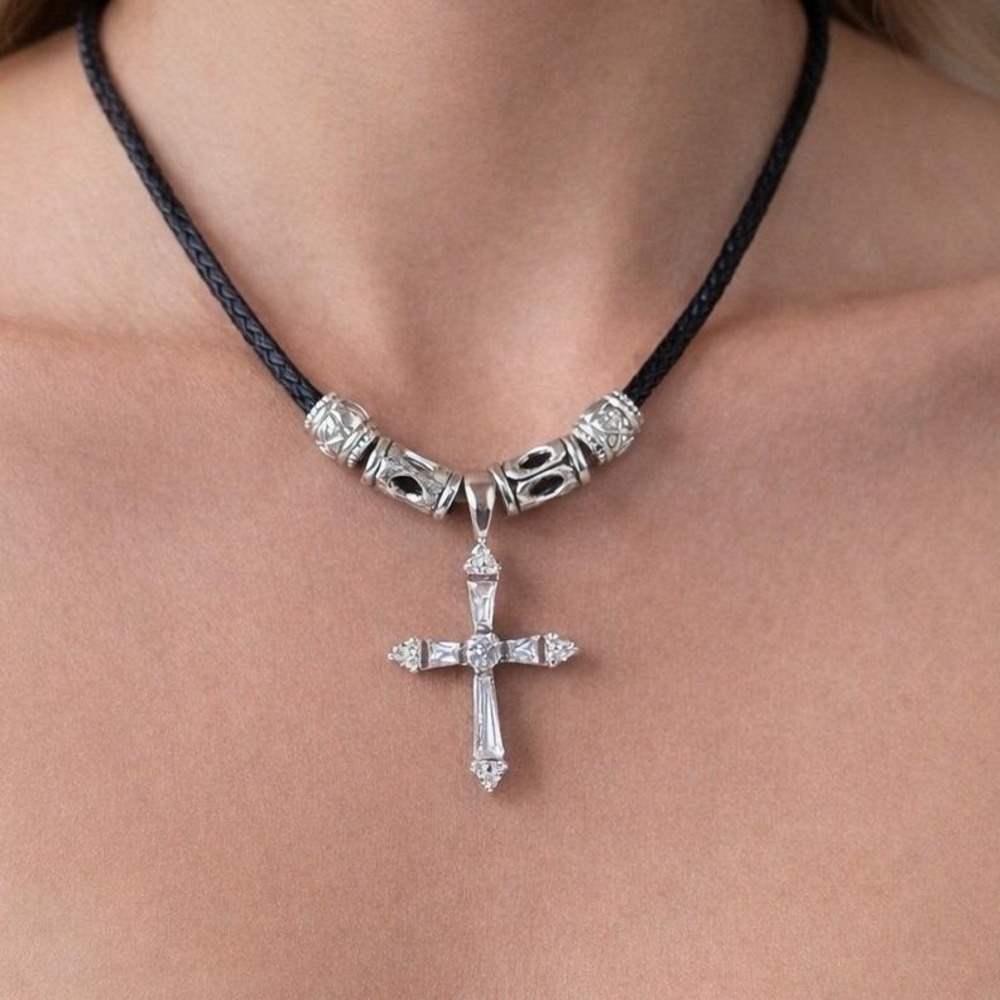 Vintage Silver Tone Cross Necklace Black Cord Beaded Accent